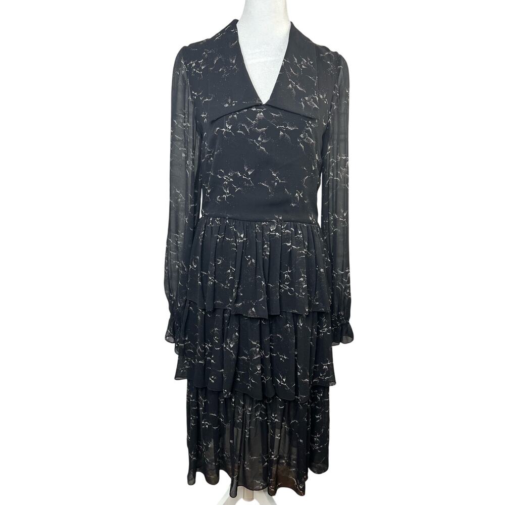 Alyson Eastman Womens Size 4 Black White Print Long Sleeve Tiered Midi Dress